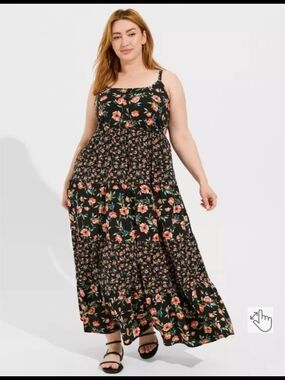 torrid Black Floral Tiered Maxi Dress with Coral Blooms